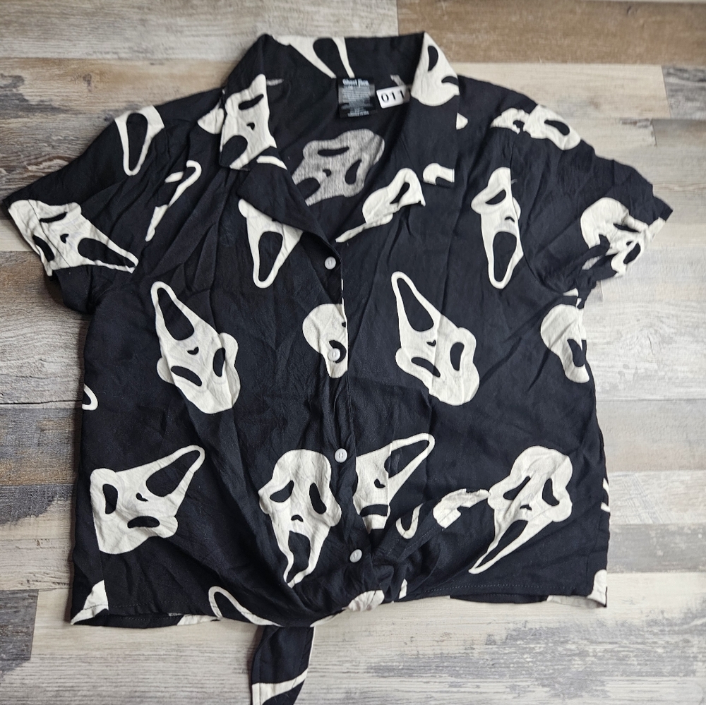 HALLOWEEN Ghost Face Scream Movie Womens Tie Front Blouse Medium Black White